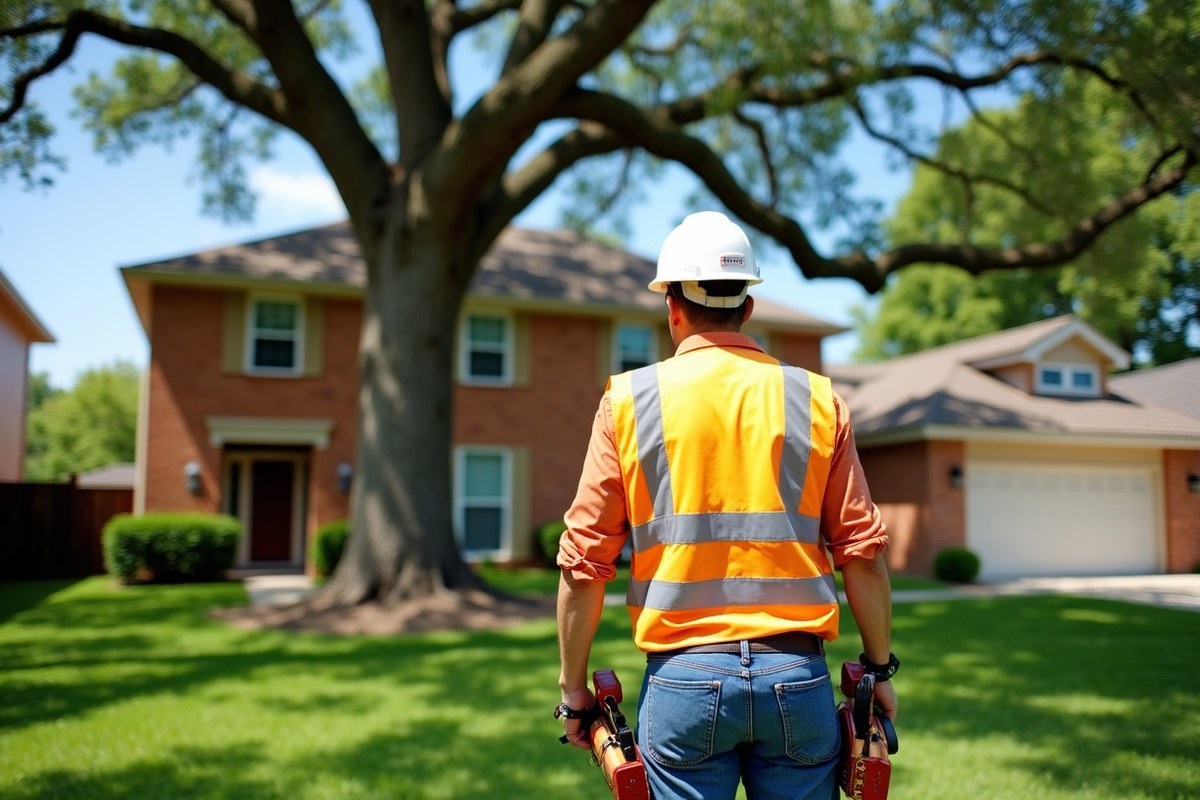 Arborist with a clipboard standing beside a large live oak in a Houston front yard