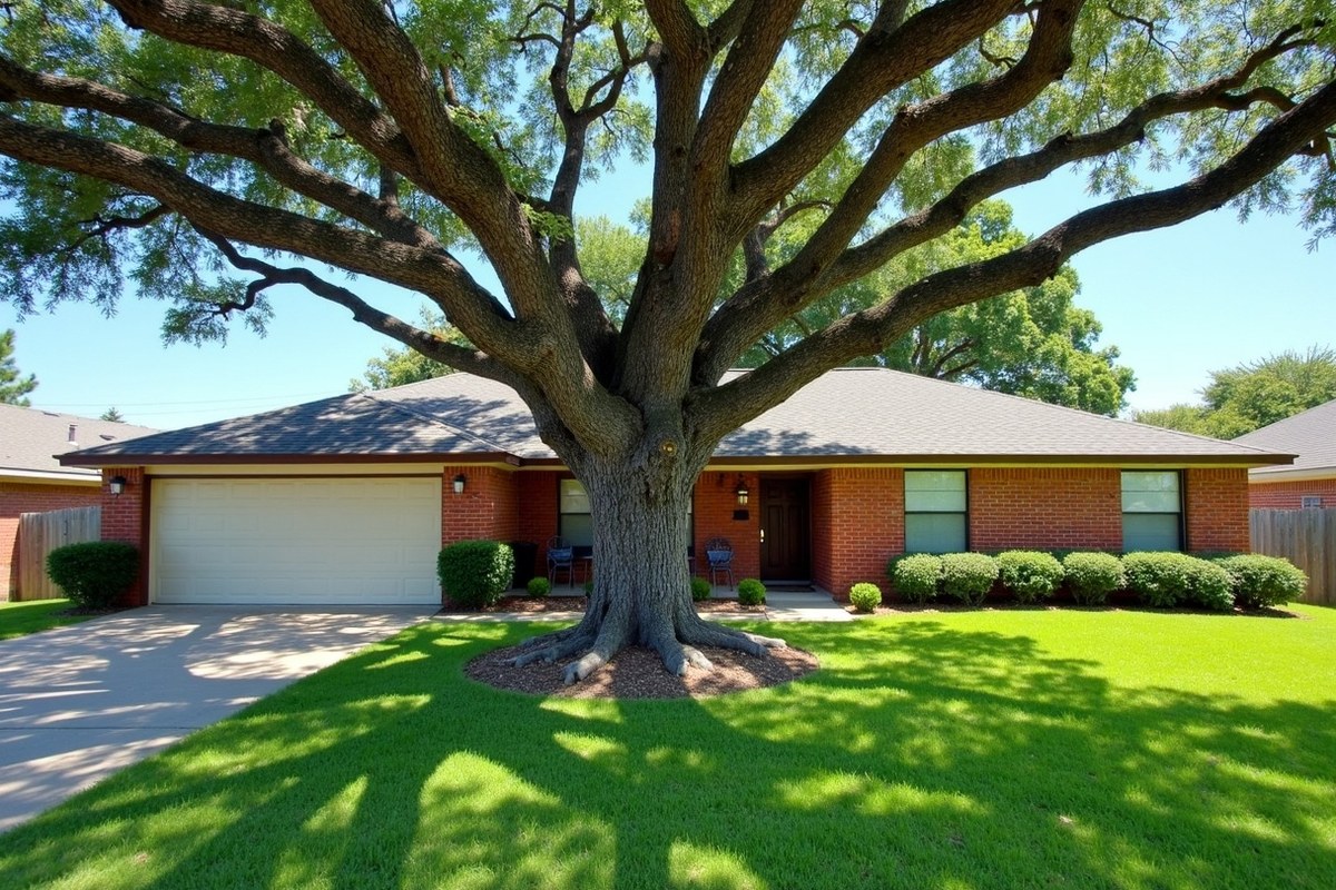 Large water oak leaning over the roof of a one-story brick home in a Houston yard