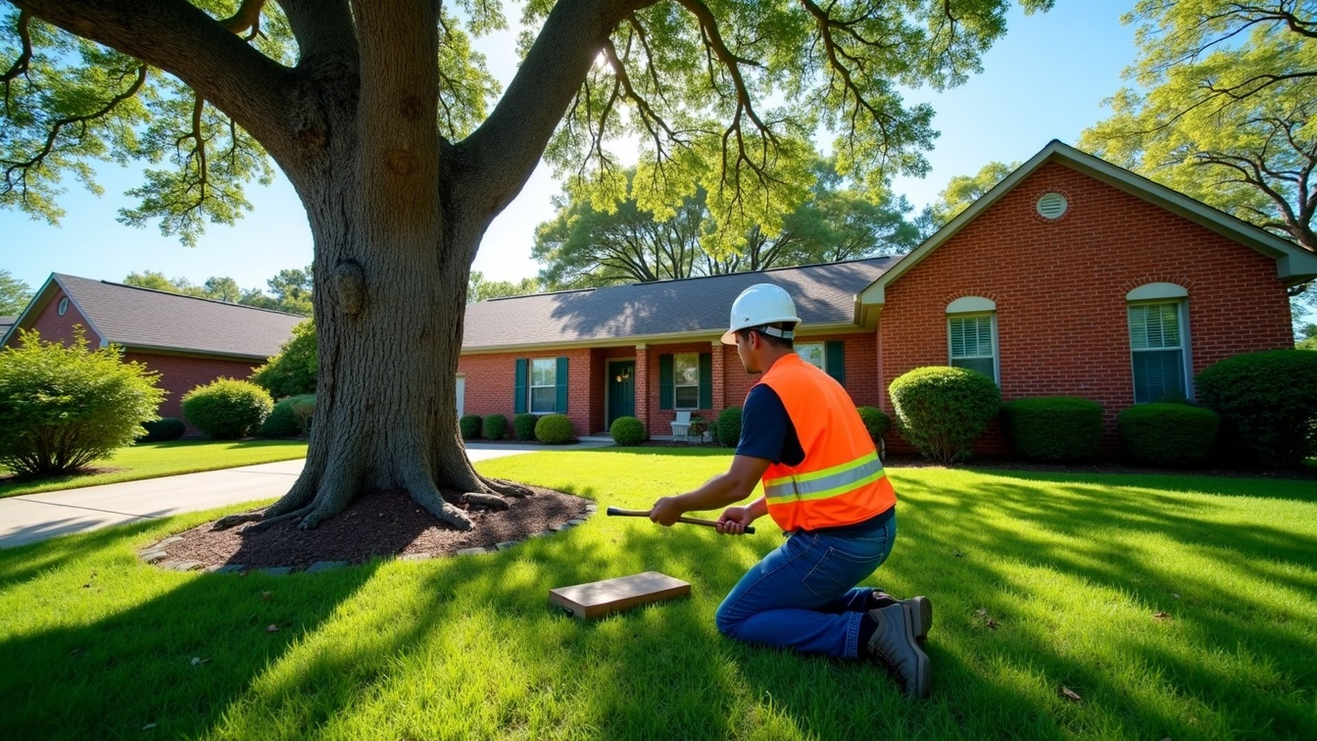 Arborist kneeling at the base of a large live oak to check the root flare in the front yard of a brick Houston-area home