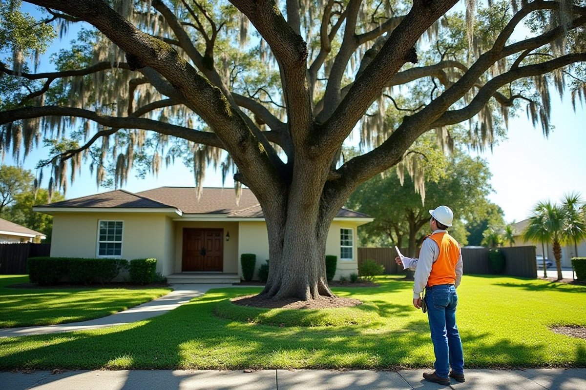Arborist with a clipboard standing by a big oak in a front yard