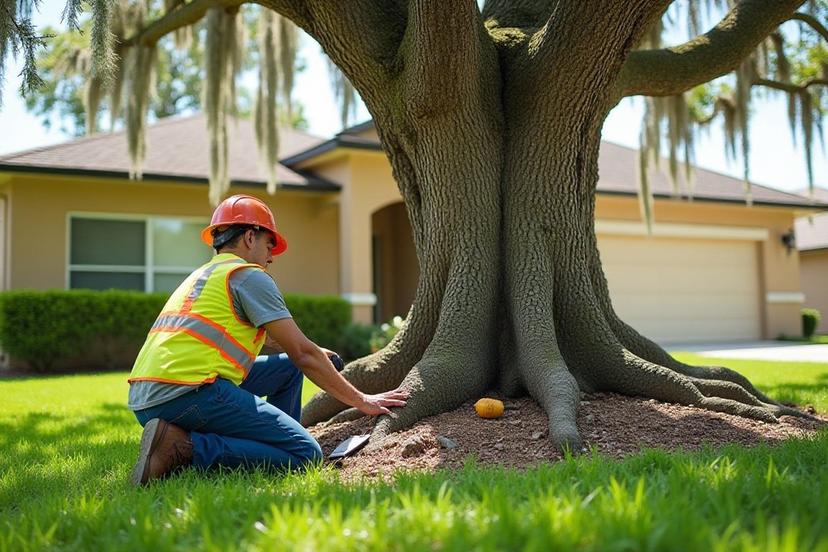 Arborist kneeling to examine the root flare of a large oak