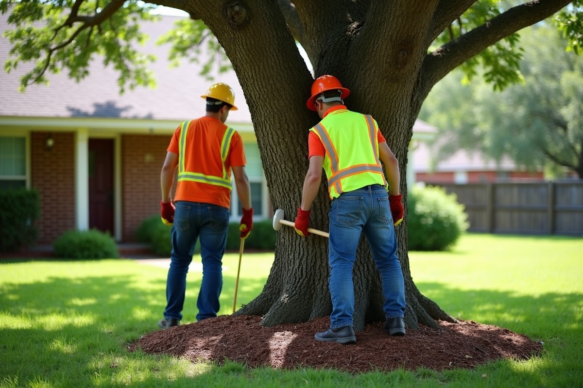 Arborist tapping the trunk of a large oak with a mallet to listen for hollow wood in a Houston-area front yard