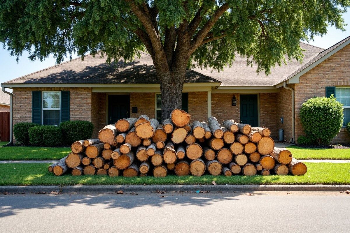 Neatly stacked tree limbs at the curb in front of a Baytown home after a trim