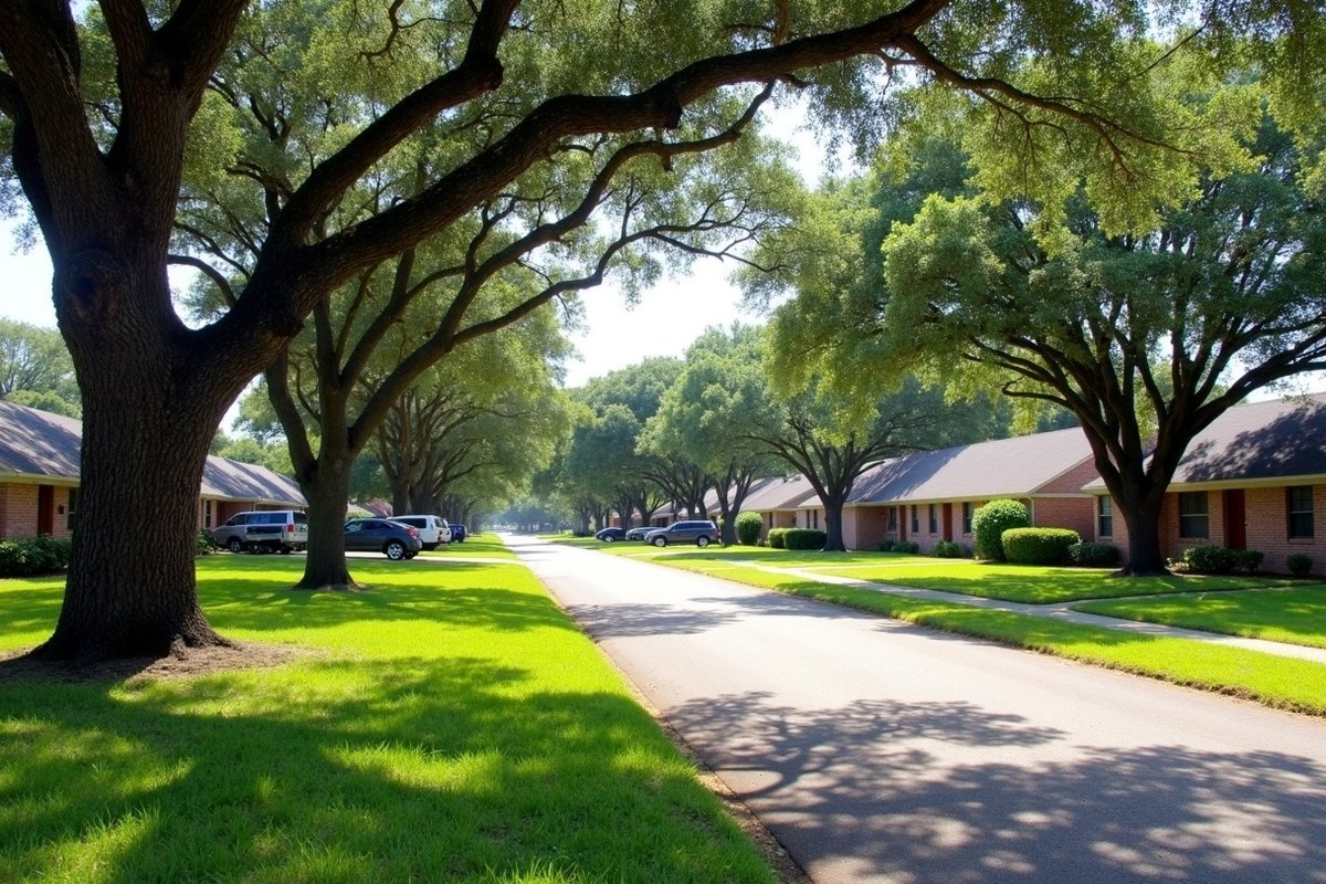 Mature oaks shading one-story brick homes on an older Baytown street