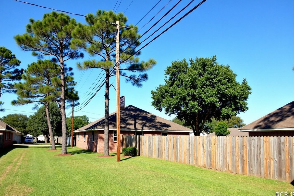 Tall pines and an oak growing toward an overhead power line behind a Baytown home