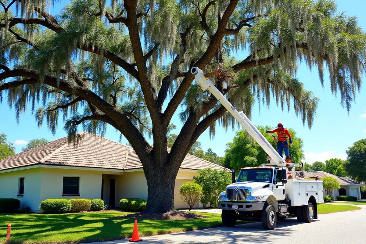 Bucket truck with a worker trimming an oak over a one-story roof