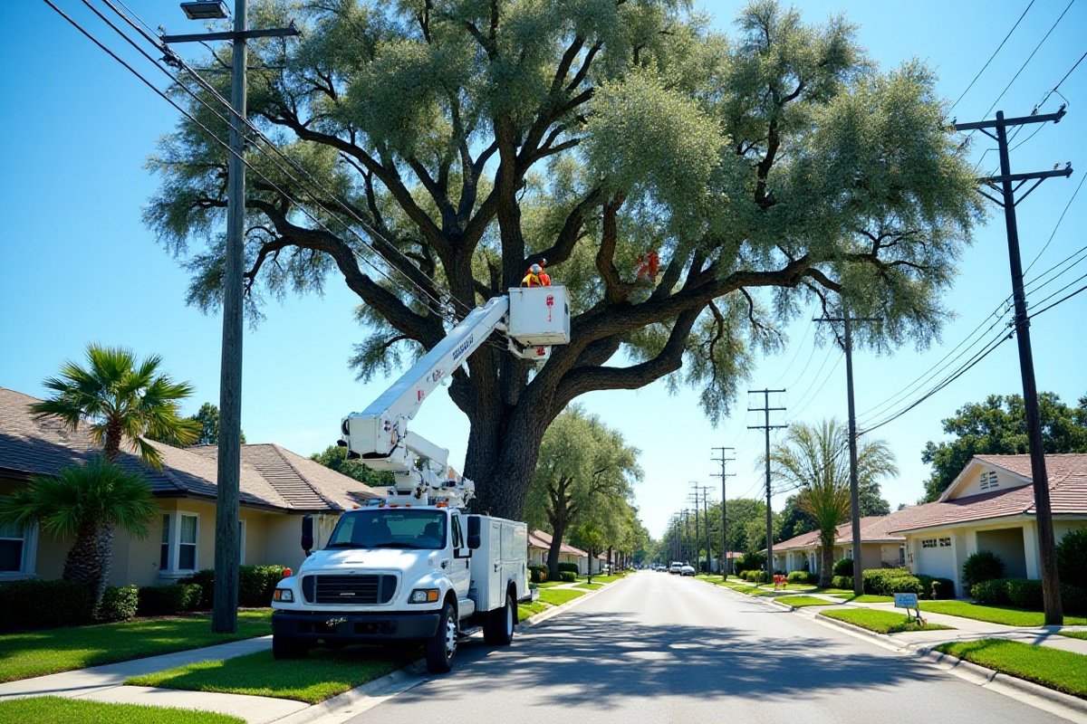 Bucket truck raising a worker into a big oak growing beside overhead power lines on a residential street