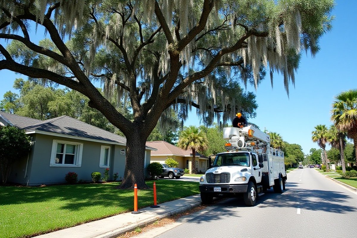 Bucket truck on a residential street under a large live oak