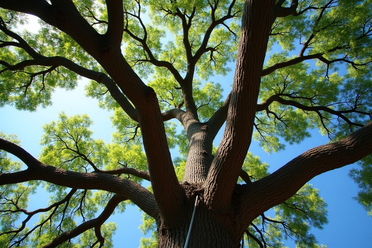 Steel support cable installed between two large limbs of a mature live oak beside a Houston-area home