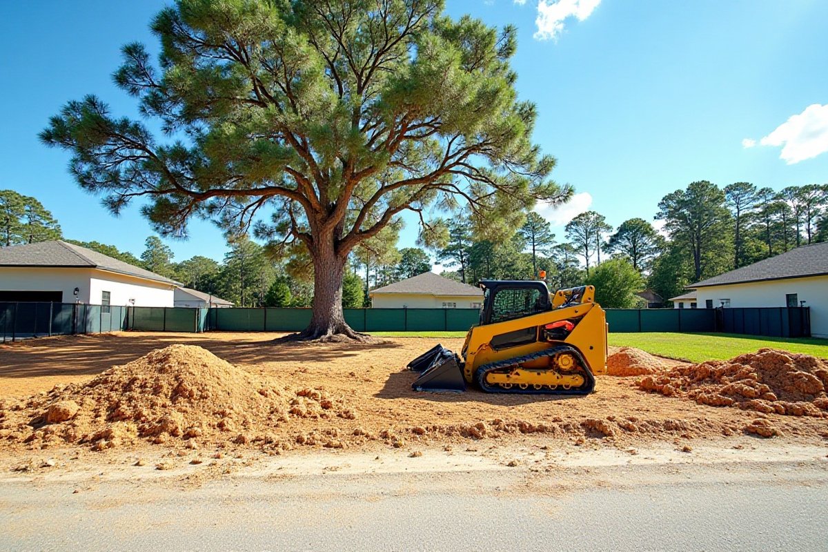 Cleared lot with one large pine kept and a loader beside it