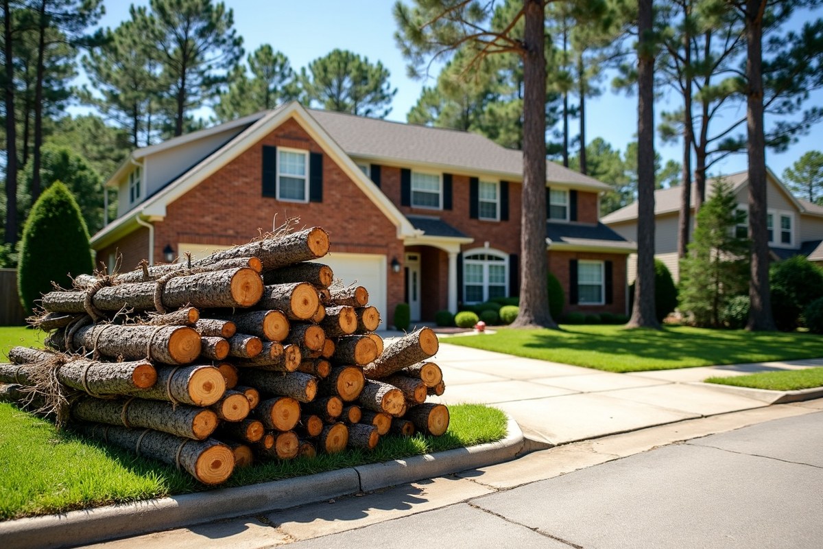 Tied bundles of pine and oak branches stacked neatly at the curb in a Conroe subdivision