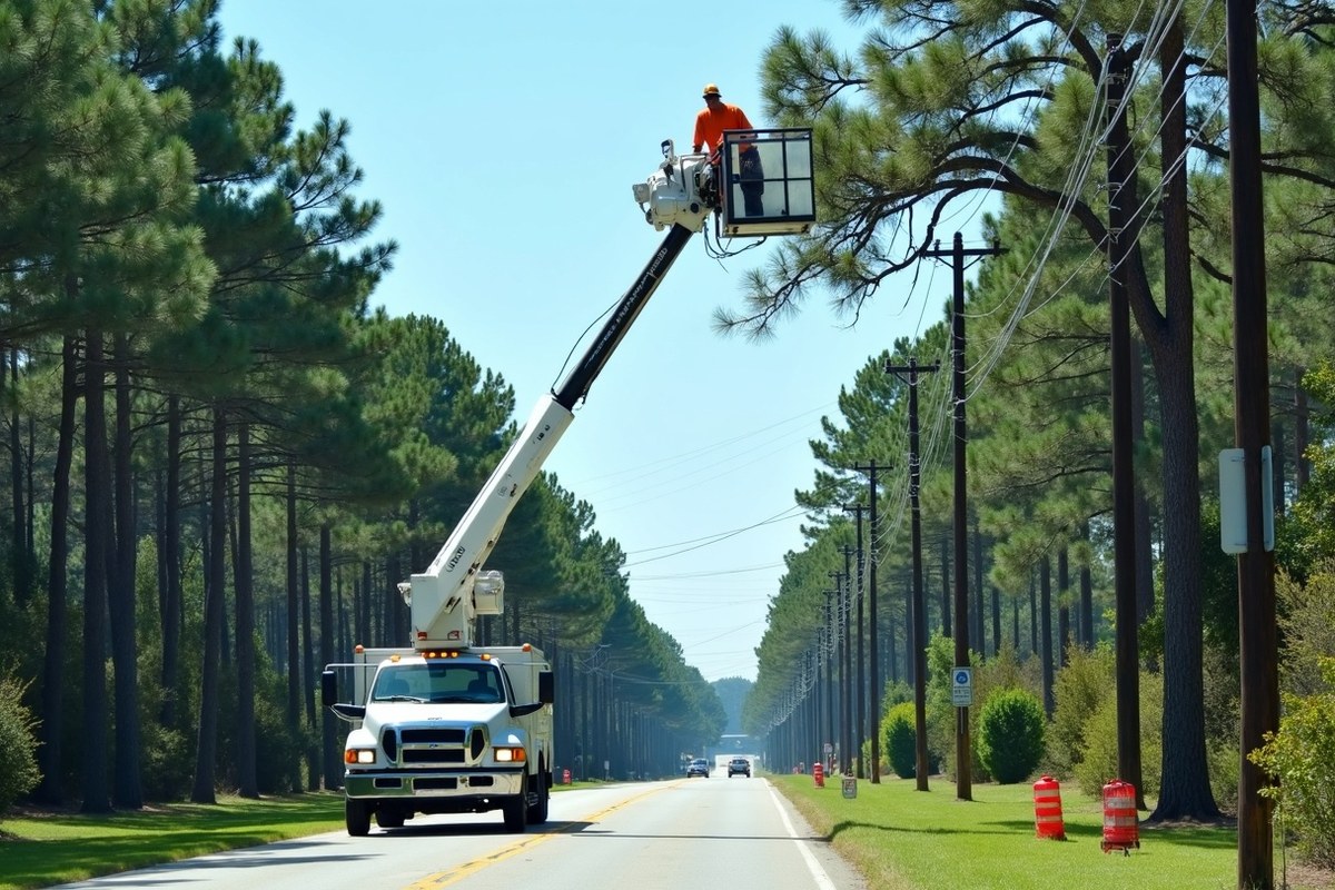 Bucket truck clearing pine limbs away from a power line along a wooded Conroe road