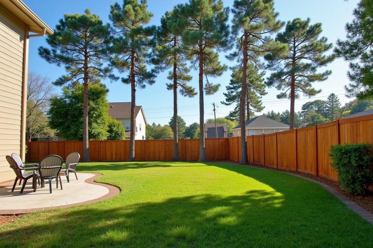Row of tall loblolly pines behind a wood privacy fence in a Conroe back yard