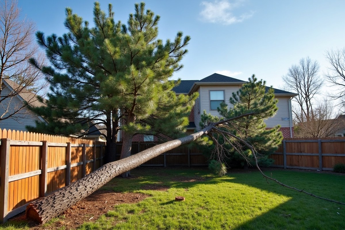 Snapped pine lying across a back yard fence in Conroe after a storm