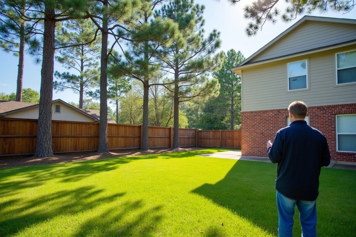 Homeowner holding a phone in a fenced Houston back yard with tall pines behind