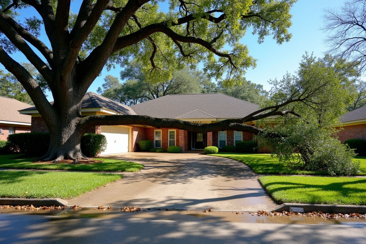 Large live oak limb fallen across the driveway of a brick Houston home after a storm