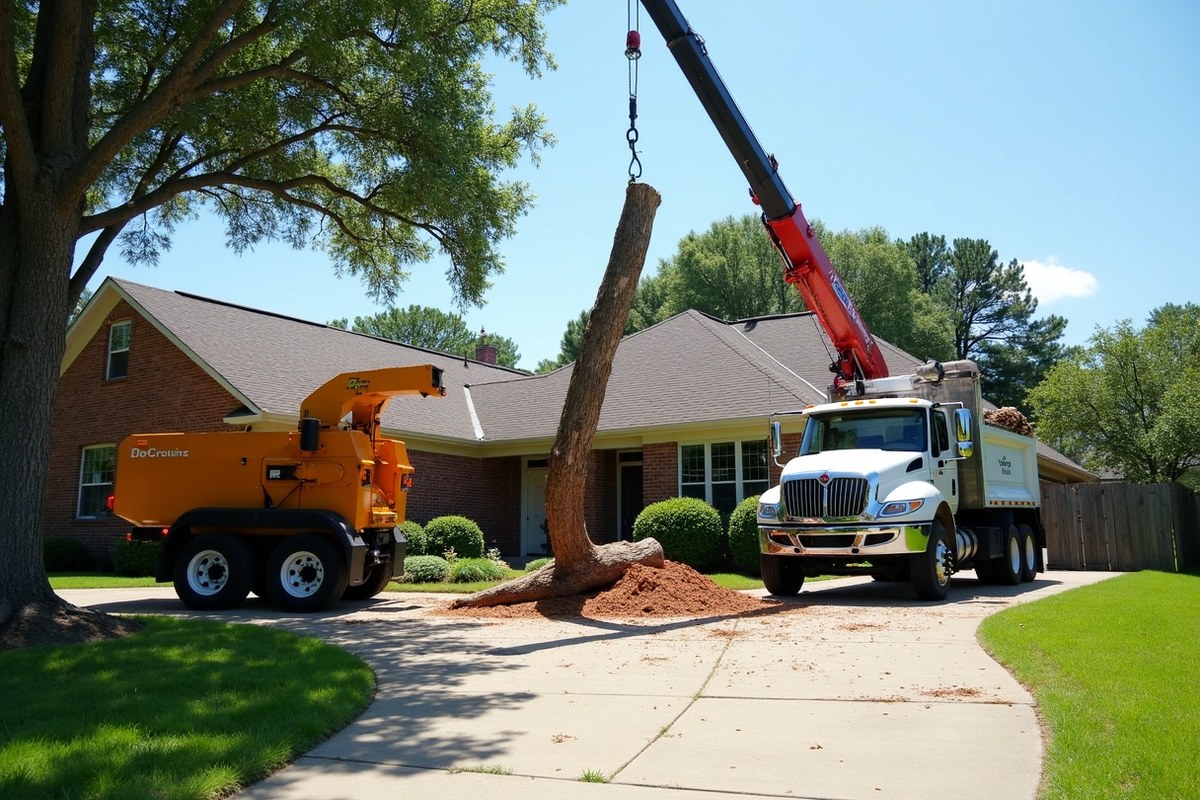 Crane lowering a large log section onto a Houston driveway beside a chipper truck