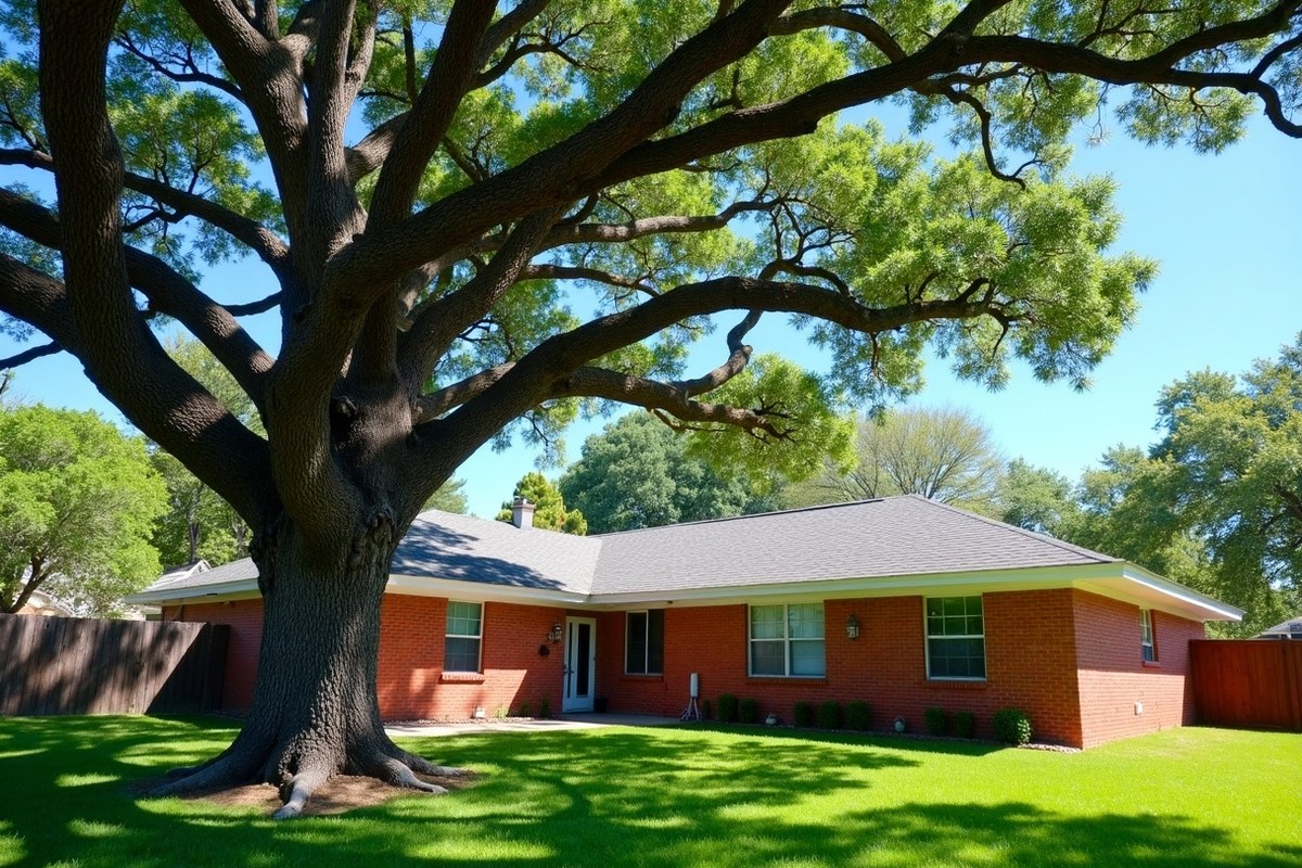 Large live oak limb hanging over the roof of a one-story brick Houston home