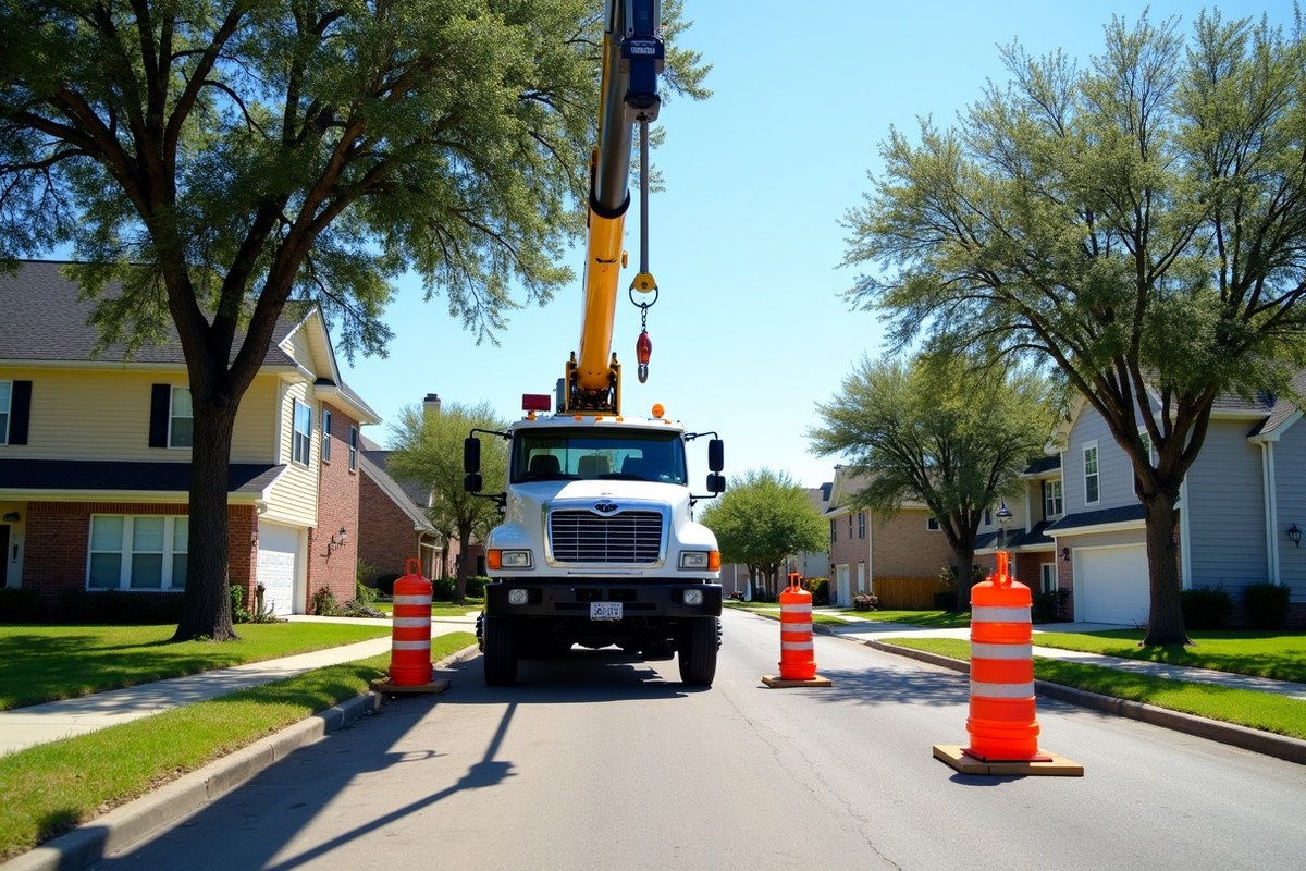 Crane truck with outriggers set on pads on a Houston residential street