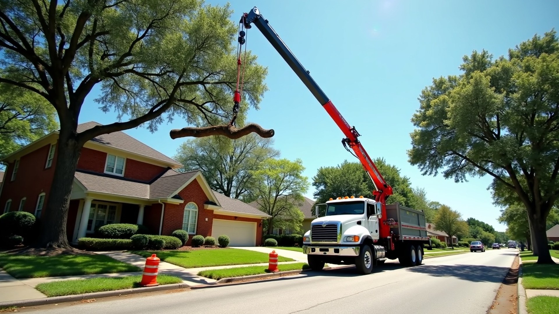 Crane truck lifting a large oak trunk section over the roof of a two-story Houston home