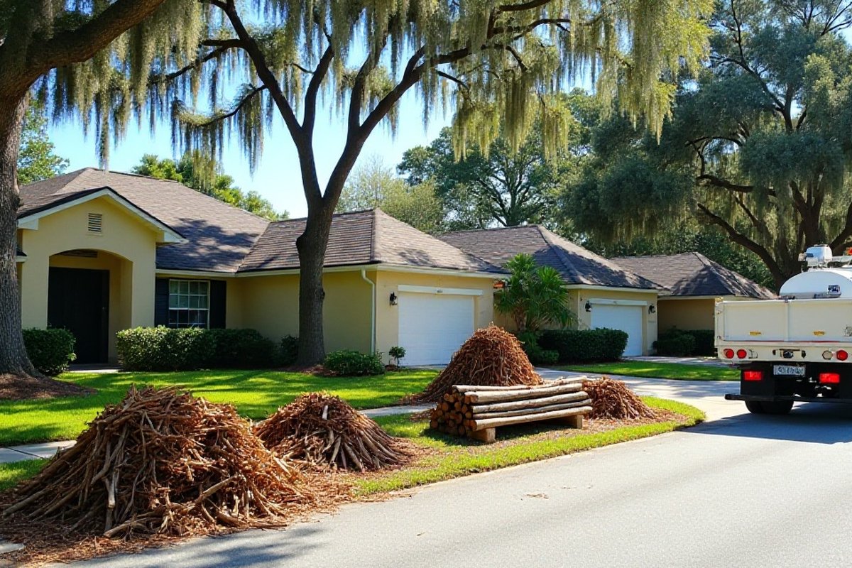 Cut branches and logs piled at the curb