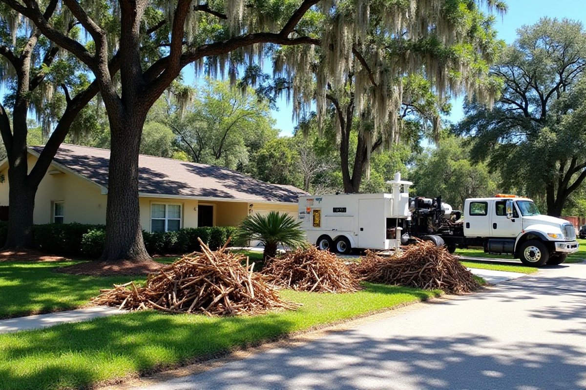 Piles of cut branches at the curb with a chipper truck parked behind