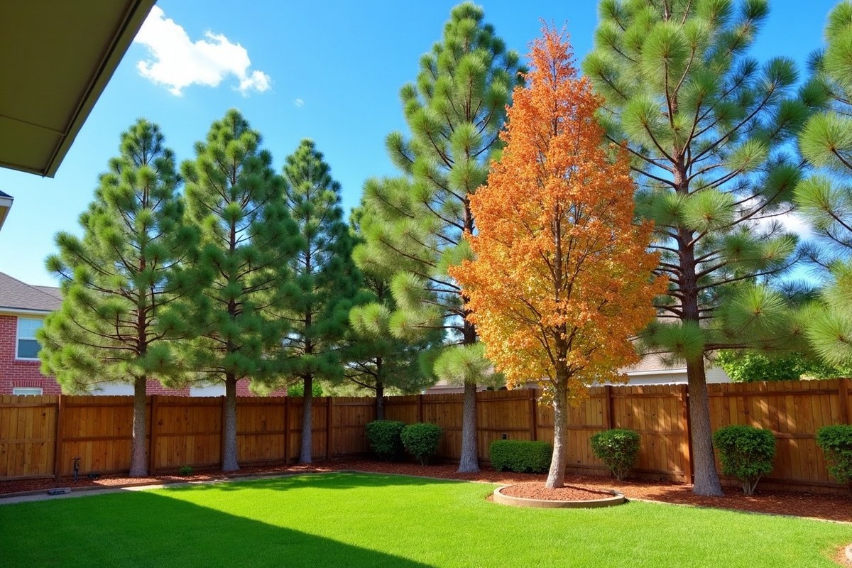 Dead brown loblolly pine standing behind a back yard fence in Cypress, Texas
