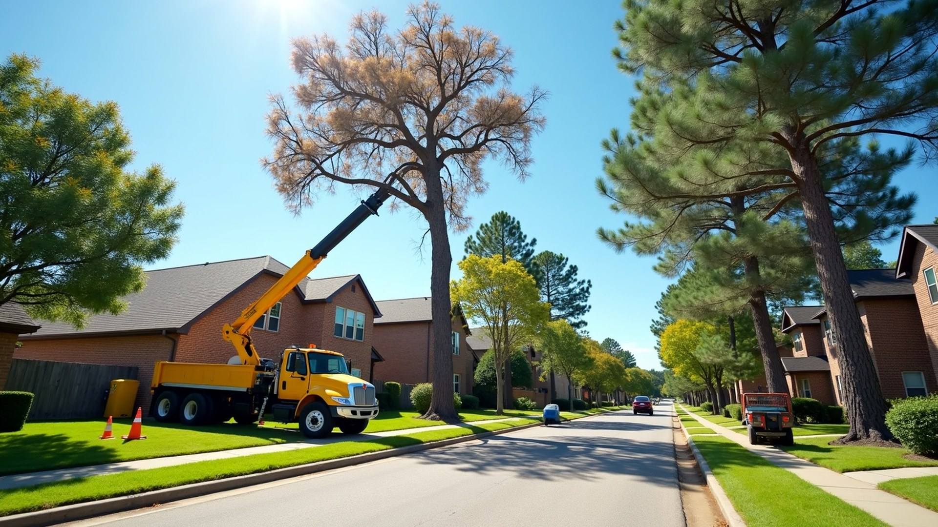 Crane lifting a section of a dead pine over a two-story home in Cypress, Texas