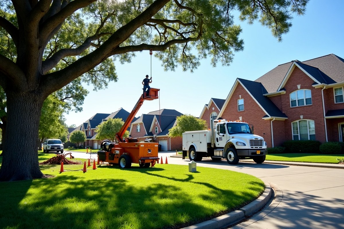 Crew lowering cut sections of a large oak beside a two-story home in Cypress, Texas