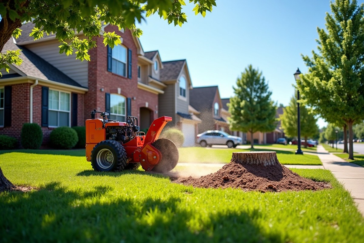 Stump grinder working on a fresh oak stump in a Cypress, Texas, front yard