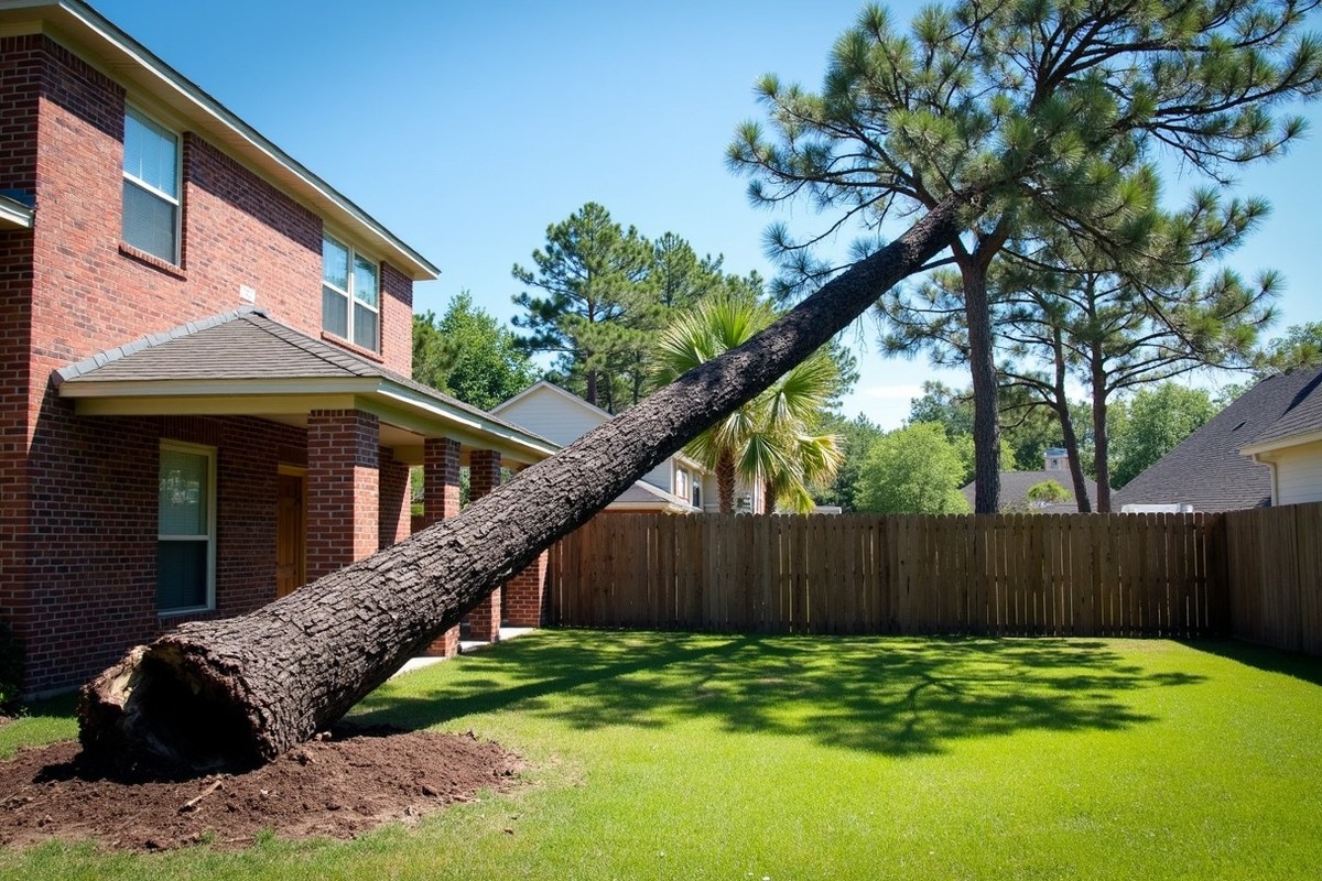 Uprooted pine lying across a back yard fence in Cypress, Texas, after a hurricane