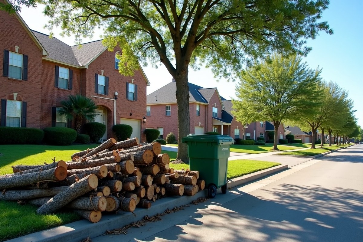 Bundled tree limbs stacked at the curb of a Cypress, Texas, subdivision street for MUD pickup
