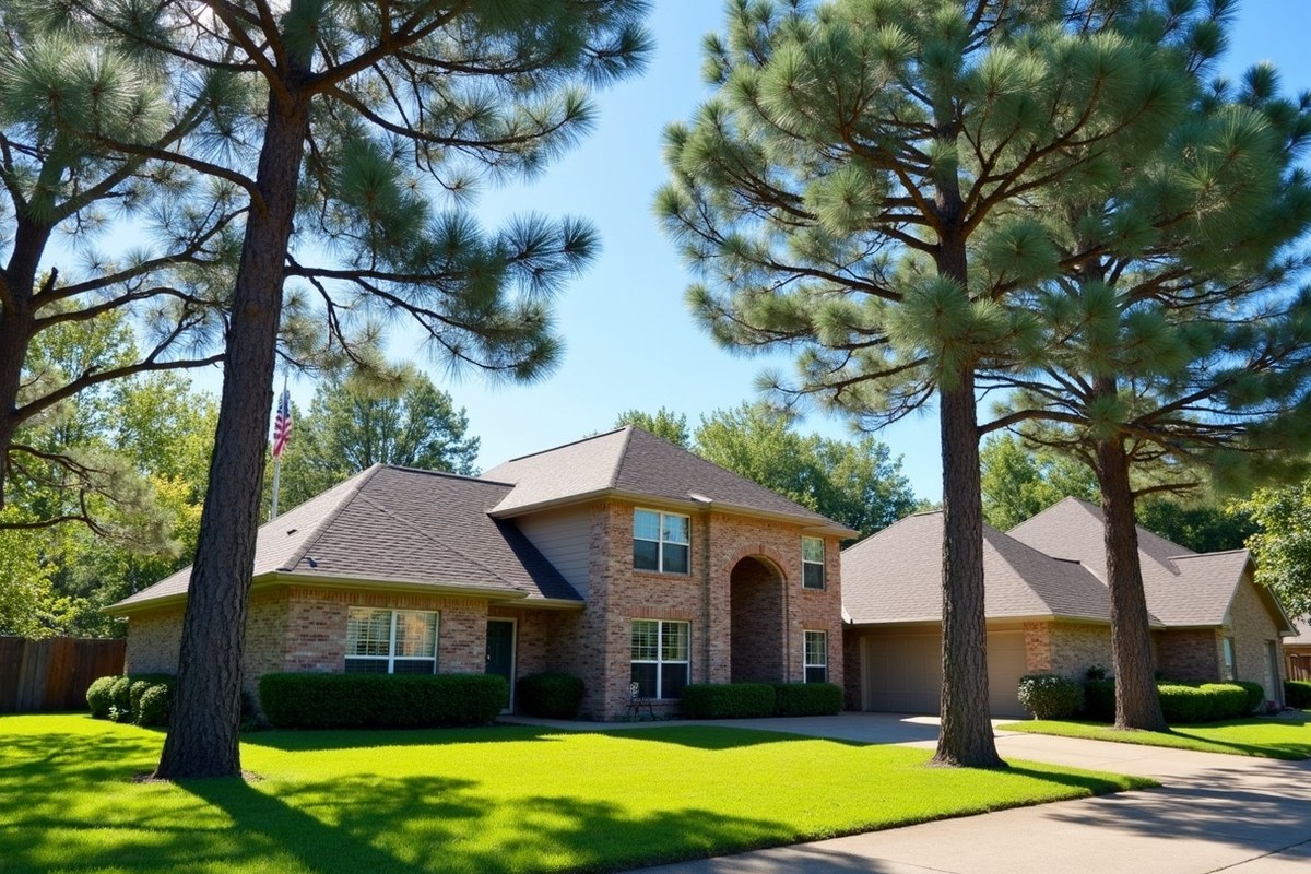 Older Cypress, Texas, home with mature pines and a water oak over the roof