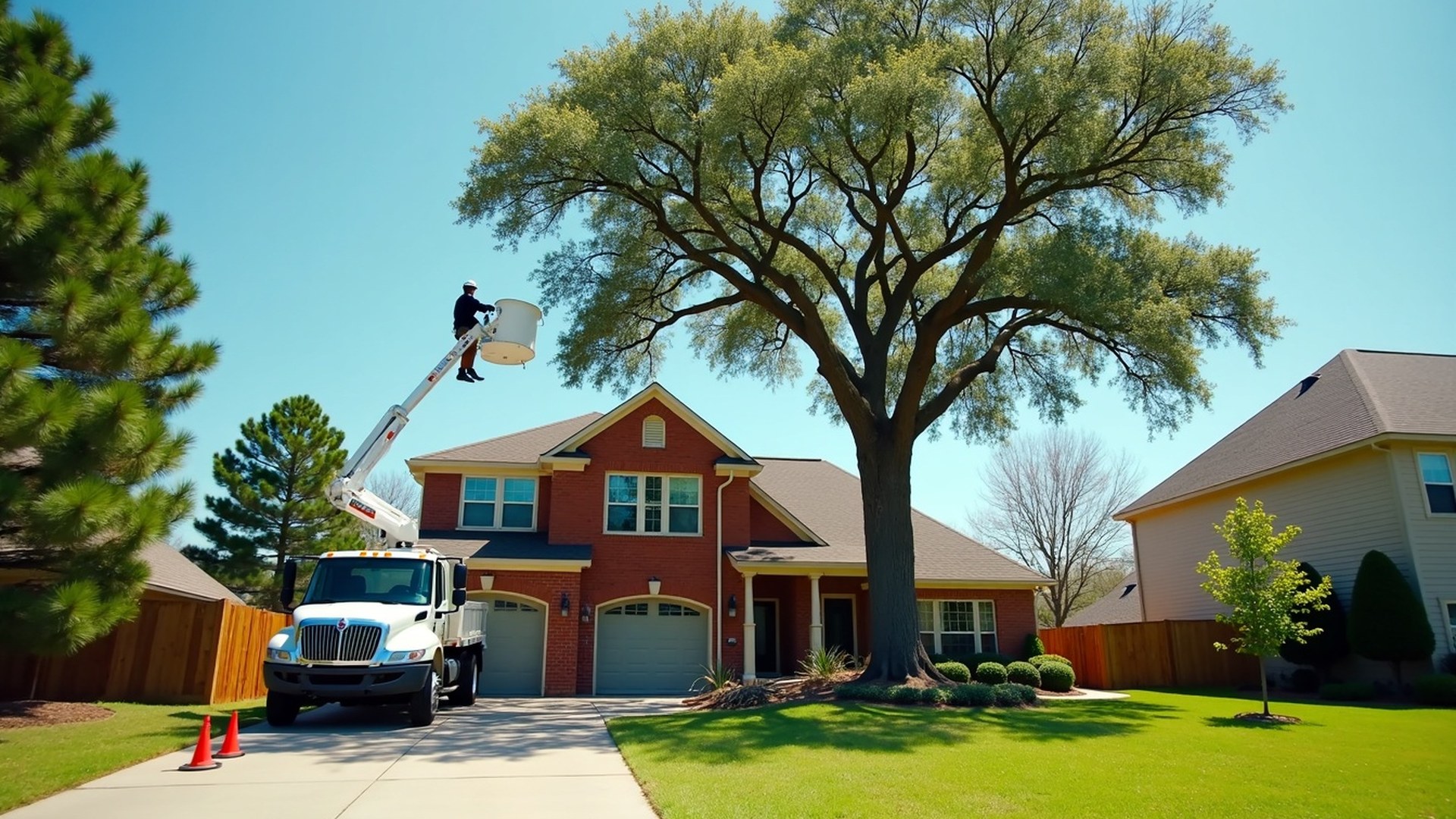 Bucket truck trimming a large oak over the roof of a two-story brick home in Cypress, Texas