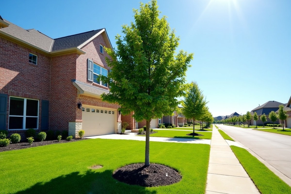 Young live oak with a single central trunk in front of a newer Cypress, Texas, home