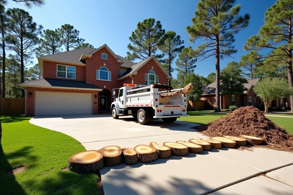 Chipper truck parked at the curb with a fresh pile of wood chips on the lawn of a Houston home