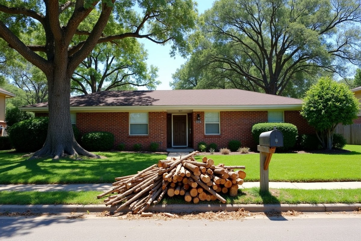 Tied bundles of small branches and compostable leaf bags at the curb of a brick Houston home