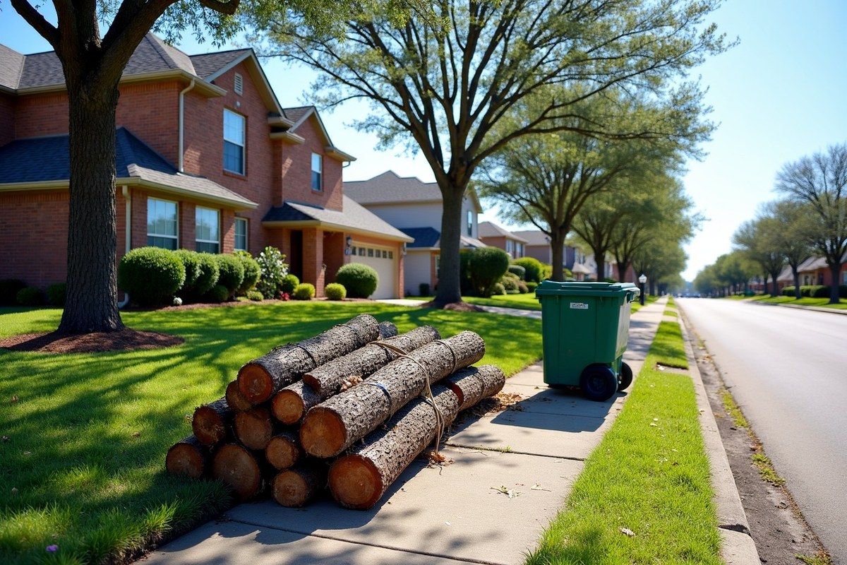 Separate piles of storm-broken tree limbs and broken fence boards at the curb in a Houston suburb