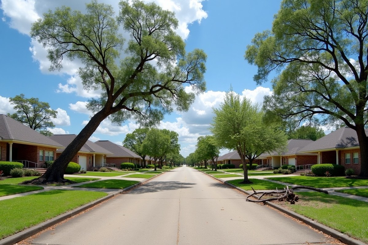 Houston residential street after a storm with broken limbs and a fallen pine beside brick homes