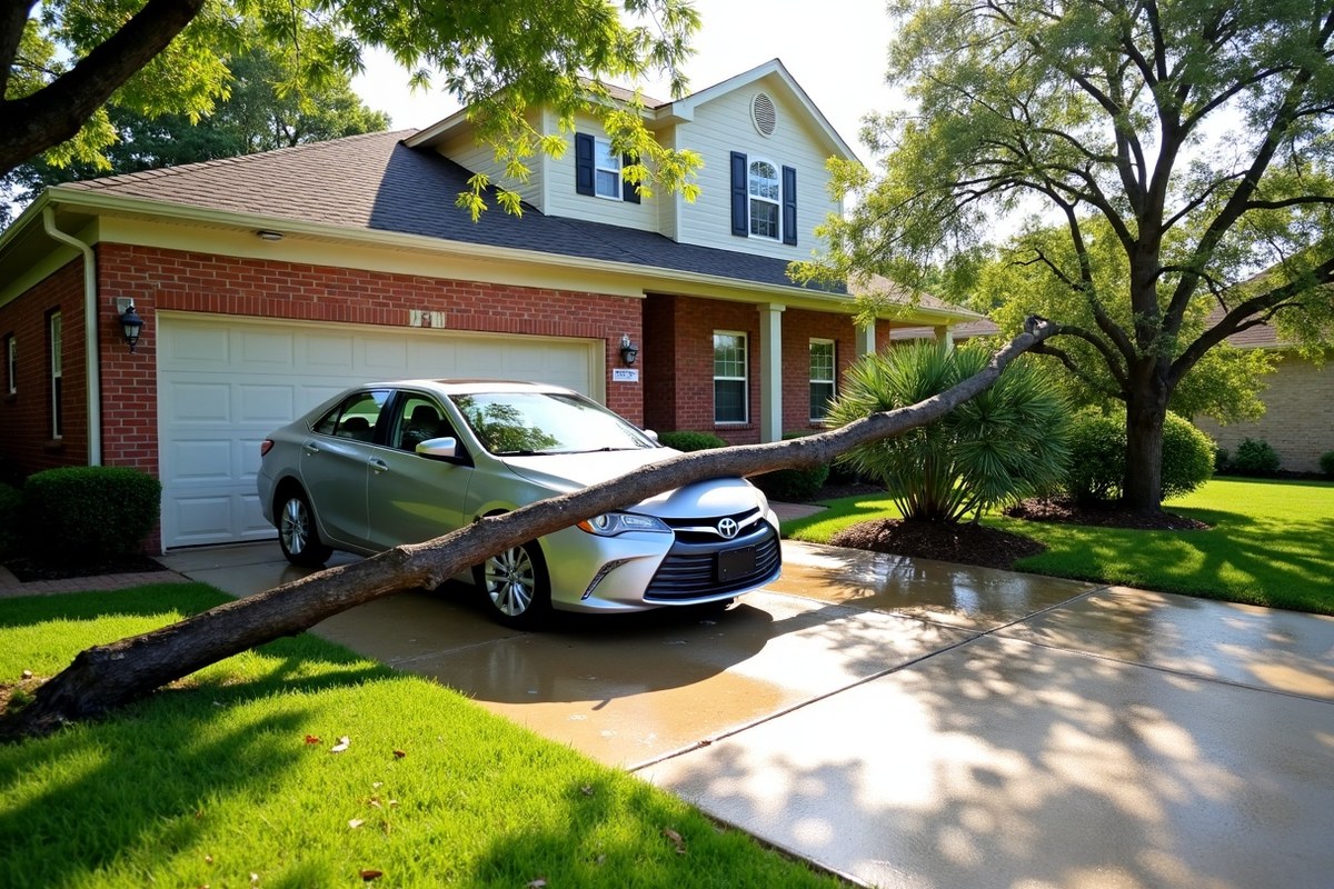 Fallen water oak trunk lying across a driveway and the hood of a parked car in a Houston suburb