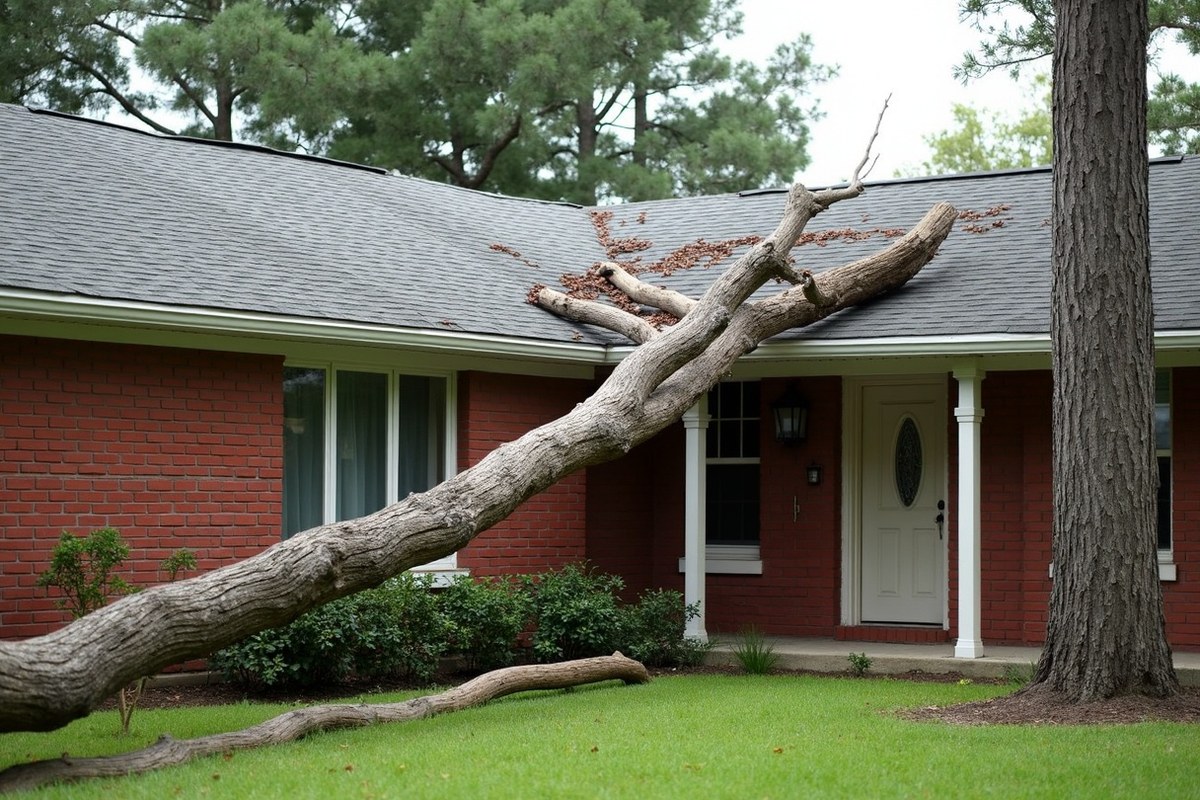 Oak limb lying on the shingle roof of a brick Houston home after a storm