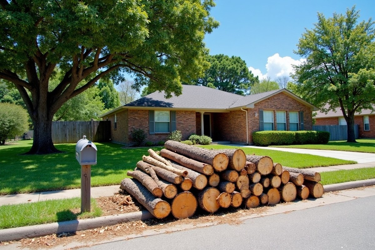 Cut tree limbs stacked neatly at the curb in front of a brick Houston home