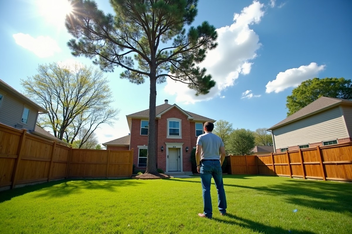 Homeowner on a lawn looking up at a tall loblolly pine behind a Houston home