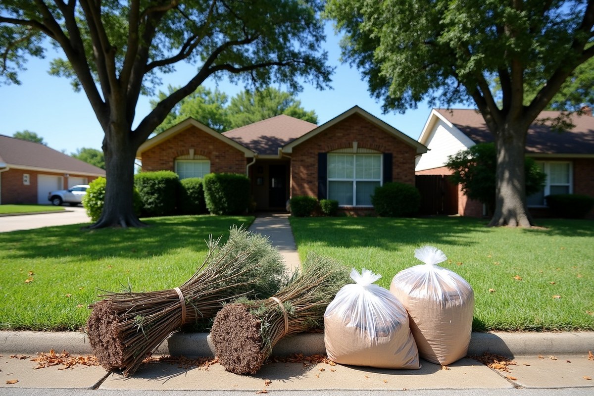 Bundled branches and clear bags of leaves at the curb on a tree lined Friendswood street