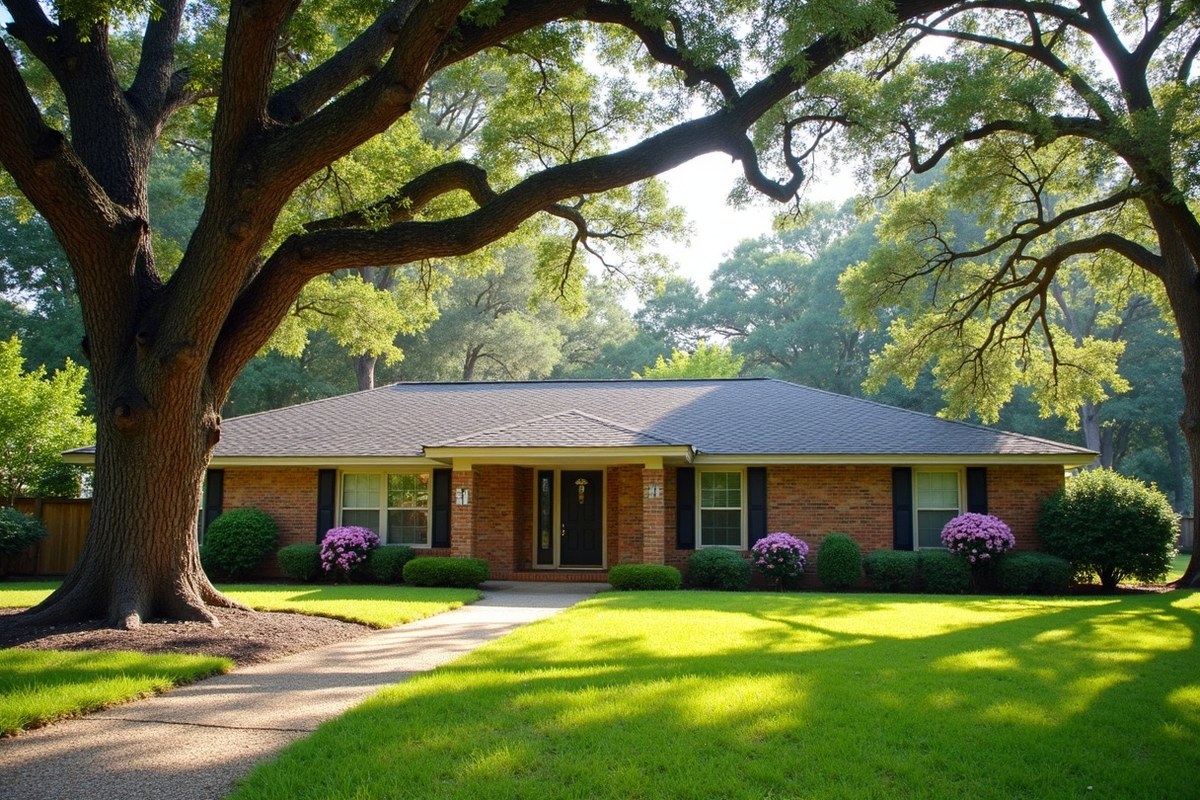 Older one-story home on a wooded Friendswood lot with mature oaks and pines