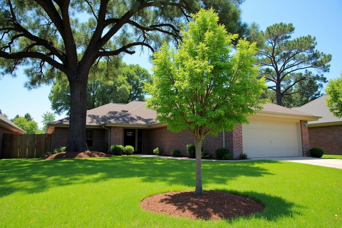 Newly planted young live oak with a mulch ring in a Friendswood front yard