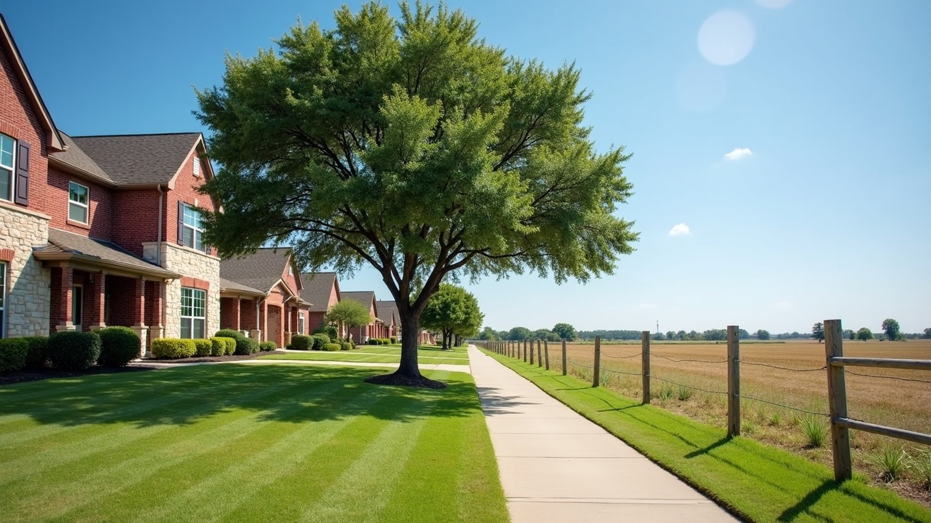 Young live oaks lining a new street of two-story homes beside an older pecan tree on the edge of Fulshear farmland