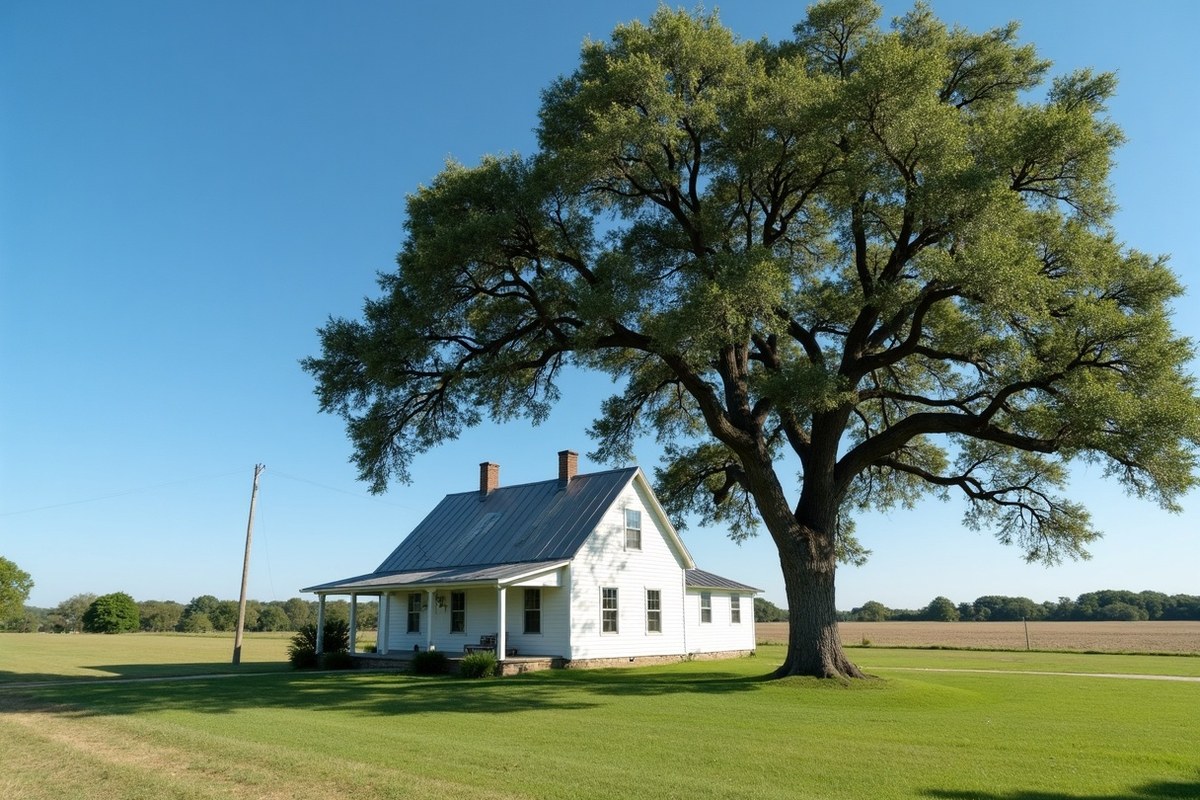 Large old pecan tree shading a white farmhouse on flat Fort Bend County ground near Fulshear