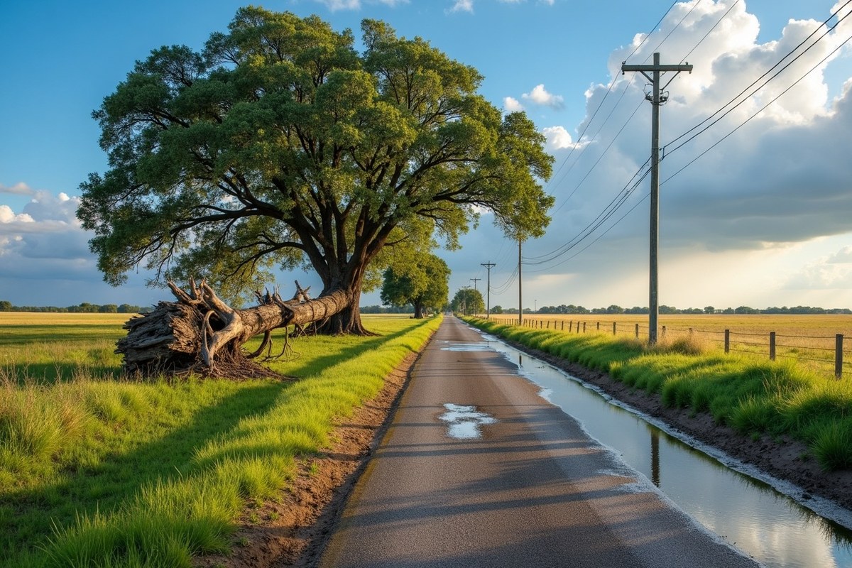 Fallen oak lying across the shoulder of a rural two-lane road near Fulshear after a summer storm