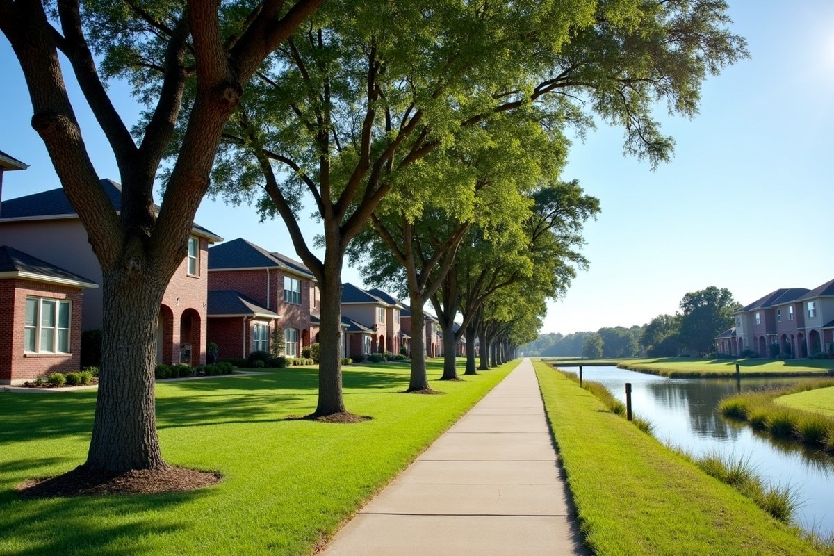 Row of young oaks along a sidewalk in a newer Fulshear master planned neighborhood with two-story homes